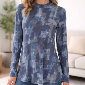 Logo Lounge Blue Tie Dye Waffle Knit Mock Neck Long Sleeve Top Size XS